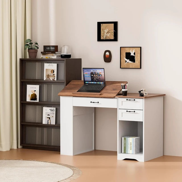Alt view image 7 of 7 - Drafting Table with Storage Cabinet & Drawers, Adjustable Drawing Desk with Open Shelves, Craft Table Painting Desk for Artists, Painters, Drawing, Crafting, Reading, Writing, Working