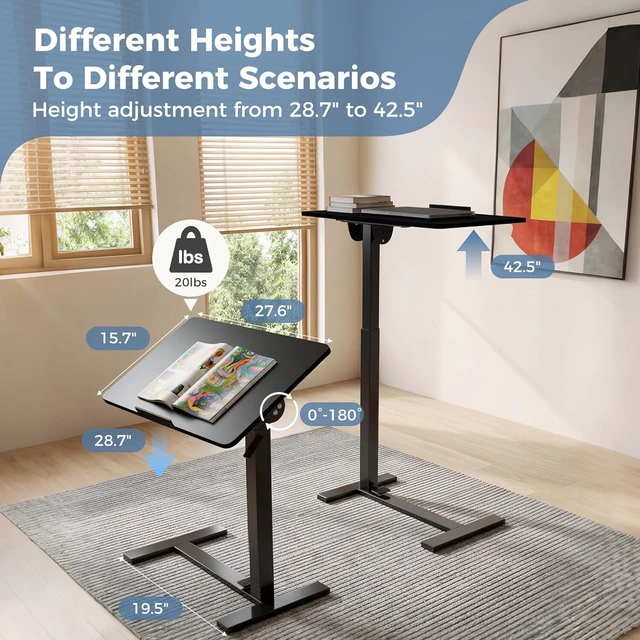 Alt view image 3 of 7 - Standing Desk on Wheels Height Adjustable Computer Cart with Pneumatic Lift, Rolling Table, Portable Workstation for Bed, Sofa, Hospital or Office Black
