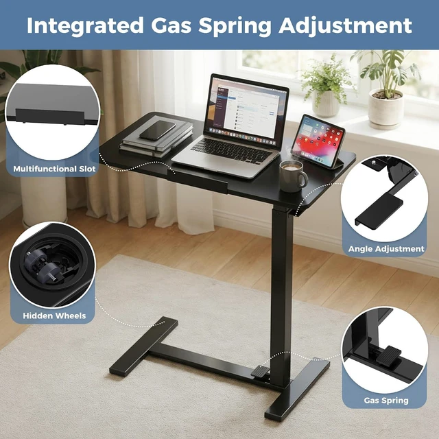 Alt view image 4 of 7 - Standing Desk on Wheels Height Adjustable Computer Cart with Pneumatic Lift, Rolling Table, Portable Workstation for Bed, Sofa, Hospital or Office Black