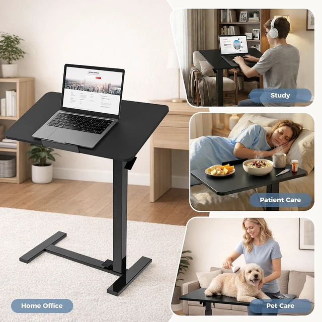 Alt view image 7 of 7 - Standing Desk on Wheels Height Adjustable Computer Cart with Pneumatic Lift, Rolling Table, Portable Workstation for Bed, Sofa, Hospital or Office Black