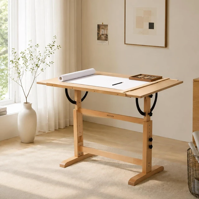 Alt view image 2 of 7 - Extra-Large Wood Drafting Table: 42" x 30" Artist Drawing Table Desk - Painting Table with Adjustable Height & Angle - Art Table for Adults with Pencil Ledge for Sketching, Writing, Natural