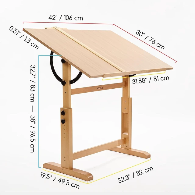 Alt view image 3 of 7 - Extra-Large Wood Drafting Table: 42" x 30" Artist Drawing Table Desk - Painting Table with Adjustable Height & Angle - Art Table for Adults with Pencil Ledge for Sketching, Writing, Natural