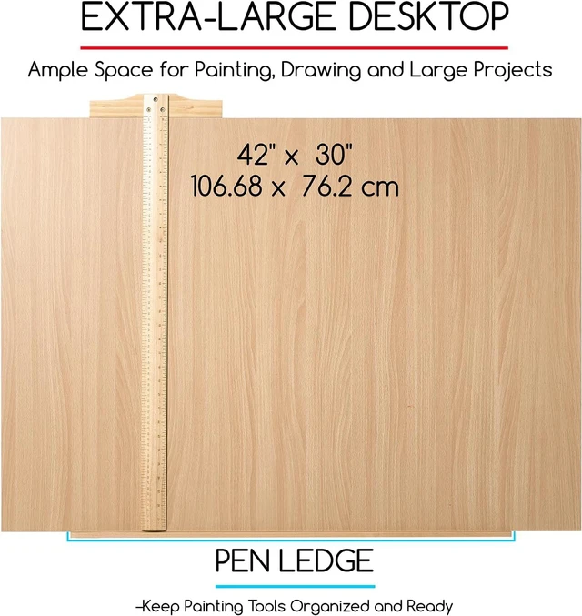 Alt view image 4 of 7 - Extra-Large Wood Drafting Table: 42" x 30" Artist Drawing Table Desk - Painting Table with Adjustable Height & Angle - Art Table for Adults with Pencil Ledge for Sketching, Writing, Natural