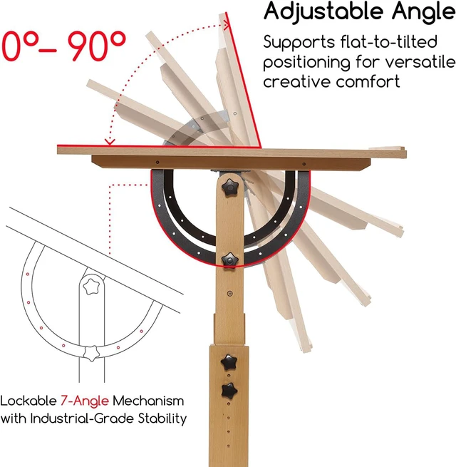 Alt view image 5 of 7 - Extra-Large Wood Drafting Table: 42" x 30" Artist Drawing Table Desk - Painting Table with Adjustable Height & Angle - Art Table for Adults with Pencil Ledge for Sketching, Writing, Natural