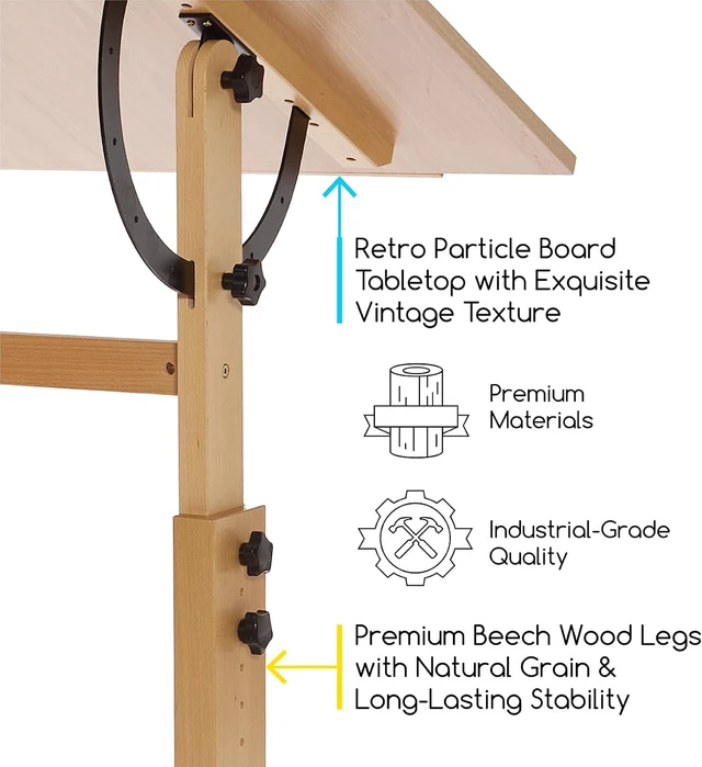 Alt view image 7 of 7 - Extra-Large Wood Drafting Table: 42" x 30" Artist Drawing Table Desk - Painting Table with Adjustable Height & Angle - Art Table for Adults with Pencil Ledge for Sketching, Writing, Natural