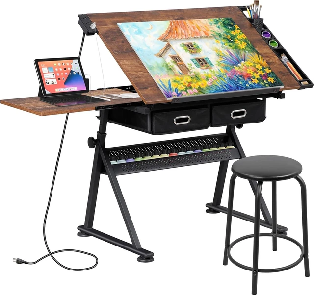 Main image of Adjustable Drafting Table with Stool, Tilting Drawing Desk Artist Table with Storage Drawers, Art Craft Workstation for Home Office Reading, Writing, Crafting