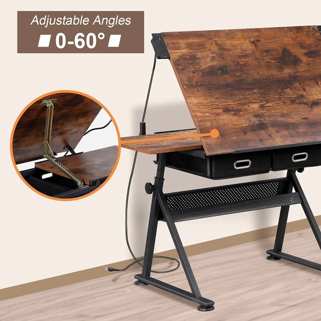 Alt view image 3 of 7 - Adjustable Drafting Table with Stool, Tilting Drawing Desk Artist Table with Storage Drawers, Art Craft Workstation for Home Office Reading, Writing, Crafting