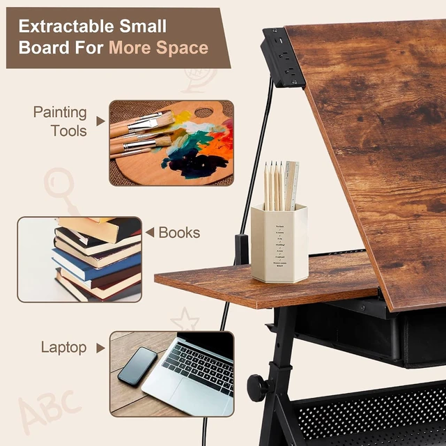 Alt view image 4 of 7 - Adjustable Drafting Table with Stool, Tilting Drawing Desk Artist Table with Storage Drawers, Art Craft Workstation for Home Office Reading, Writing, Crafting