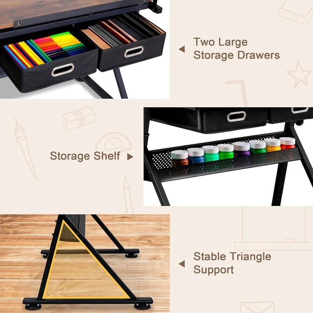 Alt view image 6 of 7 - Adjustable Drafting Table with Stool, Tilting Drawing Desk Artist Table with Storage Drawers, Art Craft Workstation for Home Office Reading, Writing, Crafting