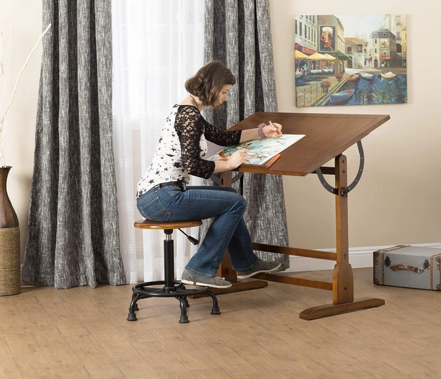 Alt view image 2 of 7 - Studio Designs Vintage Drafting Table - Antique Design Solid Wood Drafting Table with Built-In Pencil Groove and Pencil Ledge - Angle Adjustable Work Surface
