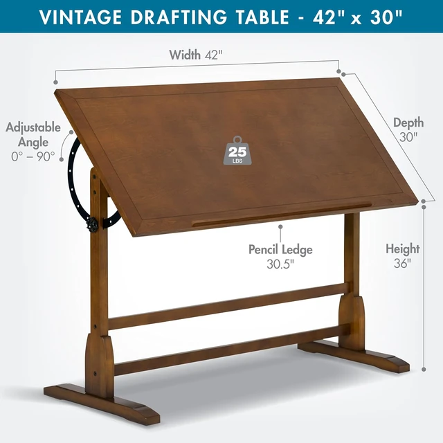 Alt view image 3 of 7 - Studio Designs Vintage Drafting Table - Antique Design Solid Wood Drafting Table with Built-In Pencil Groove and Pencil Ledge - Angle Adjustable Work Surface