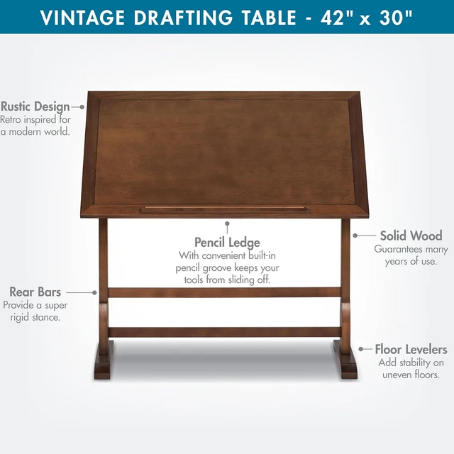 Alt view image 4 of 7 - Studio Designs Vintage Drafting Table - Antique Design Solid Wood Drafting Table with Built-In Pencil Groove and Pencil Ledge - Angle Adjustable Work Surface