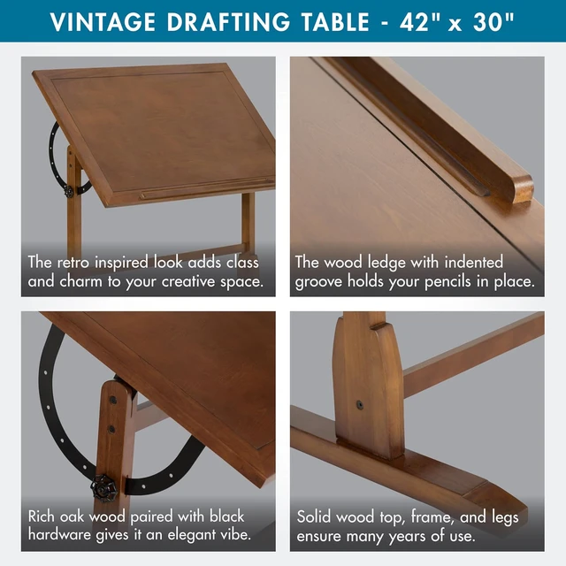 Alt view image 6 of 7 - Studio Designs Vintage Drafting Table - Antique Design Solid Wood Drafting Table with Built-In Pencil Groove and Pencil Ledge - Angle Adjustable Work Surface