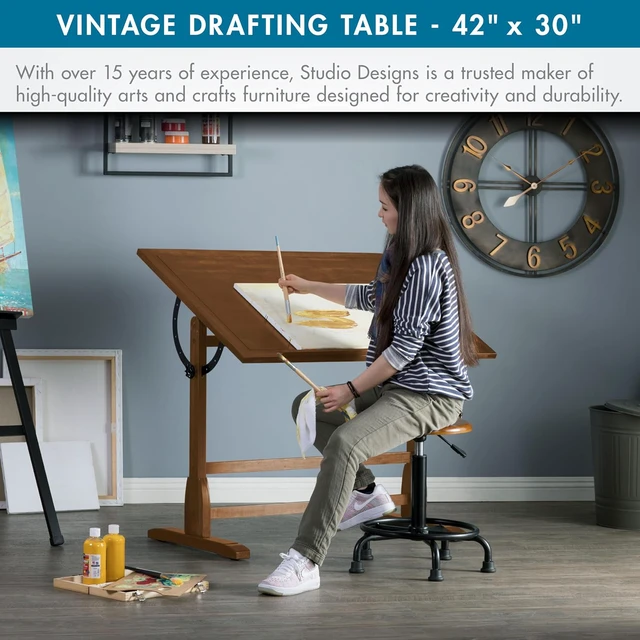 Alt view image 7 of 7 - Studio Designs Vintage Drafting Table - Antique Design Solid Wood Drafting Table with Built-In Pencil Groove and Pencil Ledge - Angle Adjustable Work Surface