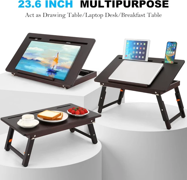 Alt view image 4 of 7 - Drawing Table Foldable Drafting Desk with Adjustable Height & Angle Bamboo Drawing Board Easel with Tablet and Phone Slots for Painting, Drafting, Writing, Reading