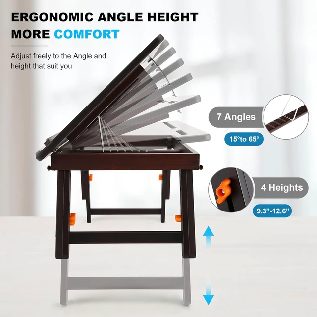Alt view image 6 of 7 - Drawing Table Foldable Drafting Desk with Adjustable Height & Angle Bamboo Drawing Board Easel with Tablet and Phone Slots for Painting, Drafting, Writing, Reading