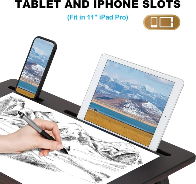 Alt view image 7 of 7 - Drawing Table Foldable Drafting Desk with Adjustable Height & Angle Bamboo Drawing Board Easel with Tablet and Phone Slots for Painting, Drafting, Writing, Reading