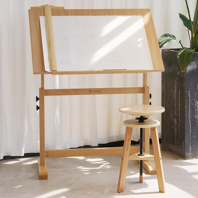 Alt view image 2 of 7 - Wood Drafting Table - Adjustable Height, 35.5"x23.5" Plan Table for Construction with Tiltable Surface, Rustic Architect Table & Blue Print Tables for Drawing, Writing, Graphic Design