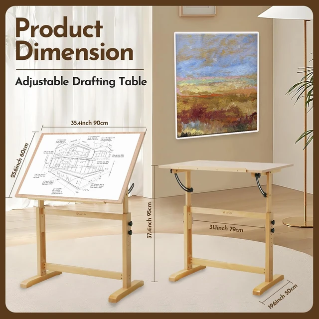 Alt view image 3 of 7 - Wood Drafting Table - Adjustable Height, 35.5"x23.5" Plan Table for Construction with Tiltable Surface, Rustic Architect Table & Blue Print Tables for Drawing, Writing, Graphic Design