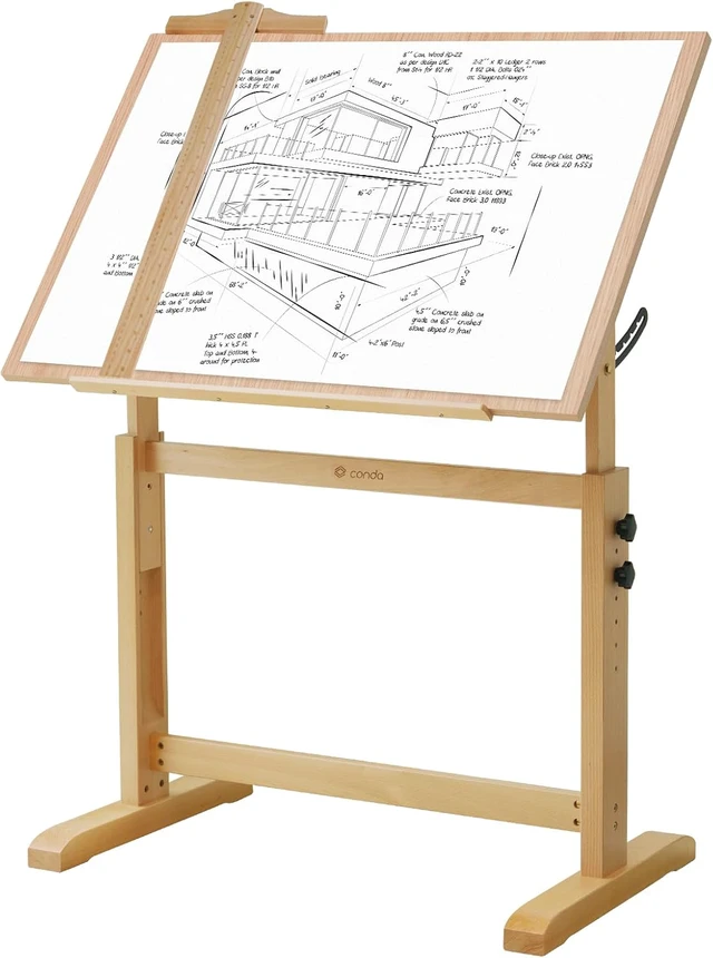 Alt view image 4 of 7 - Wood Drafting Table - Adjustable Height, 35.5"x23.5" Plan Table for Construction with Tiltable Surface, Rustic Architect Table & Blue Print Tables for Drawing, Writing, Graphic Design