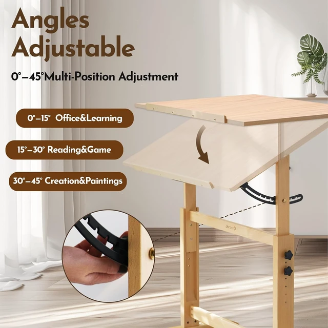 Alt view image 5 of 7 - Wood Drafting Table - Adjustable Height, 35.5"x23.5" Plan Table for Construction with Tiltable Surface, Rustic Architect Table & Blue Print Tables for Drawing, Writing, Graphic Design