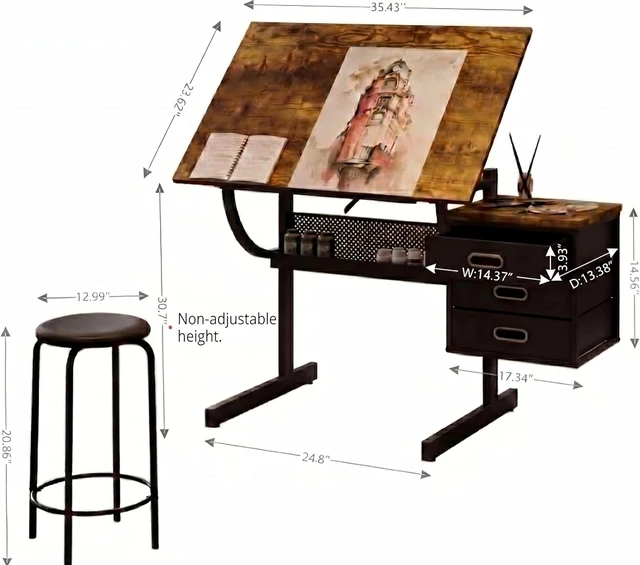 Alt view image 2 of 7 - Wood Adjustable Drafting Table with Stool & 3 Drawers, Tilting Art Desk for Drawing & Crafting, Multi-Functional Study & Office Desk