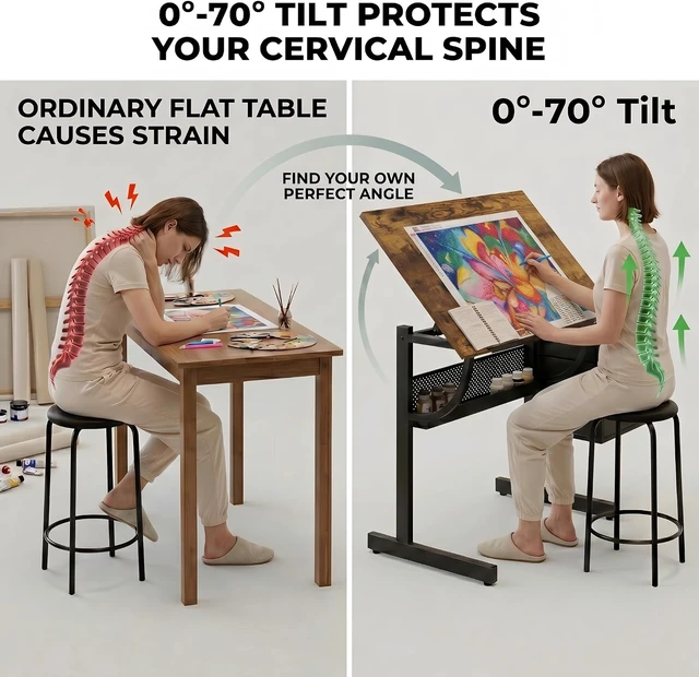 Alt view image 3 of 7 - Wood Adjustable Drafting Table with Stool & 3 Drawers, Tilting Art Desk for Drawing & Crafting, Multi-Functional Study & Office Desk
