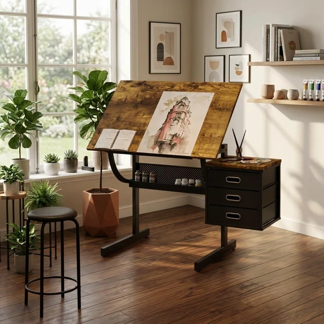 Alt view image 4 of 7 - Wood Adjustable Drafting Table with Stool & 3 Drawers, Tilting Art Desk for Drawing & Crafting, Multi-Functional Study & Office Desk