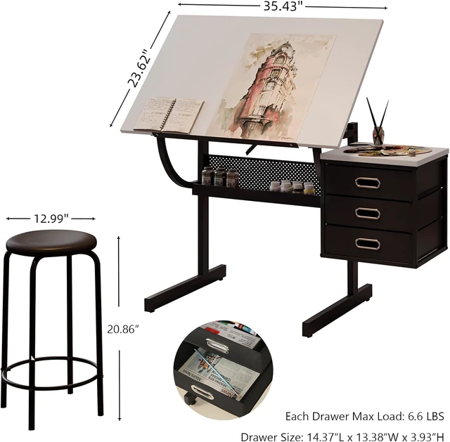 Alt view image 2 of 6 - Drafting Table with Stool & 3 Storage Drawers for Adult Teenager, White | 0-75° Adjustable Lockable Tilt Angle, 23.62" x 35.43' Tabletop, Art Desk for Home Office, Crafting, Reading, Writing