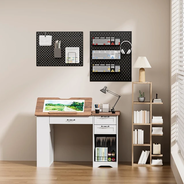 Alt view image 2 of 7 - Drafting Table with Storage Cabinet & Drawers, Adjustable Drawing Table with Open Shelves, Craft Art Desk for Artists, Painters, Drawing, Crafting, Reading, Writing, Working