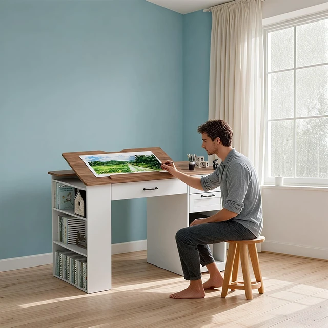Alt view image 4 of 7 - Drafting Table with Storage Cabinet & Drawers, Adjustable Drawing Table with Open Shelves, Craft Art Desk for Artists, Painters, Drawing, Crafting, Reading, Writing, Working