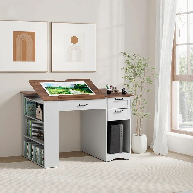 Alt view image 5 of 7 - Drafting Table with Storage Cabinet & Drawers, Adjustable Drawing Table with Open Shelves, Craft Art Desk for Artists, Painters, Drawing, Crafting, Reading, Writing, Working