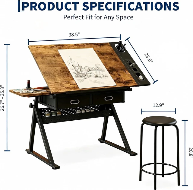 Alt view image 3 of 7 - Height Adjustable Drafting Table, 0-75°Tilting Drawing Desk | Artist Table w/Stool, Multifunctional Art Craft Workstation with 2 Storage Drawers for Home Office Reading Writing Crafting
