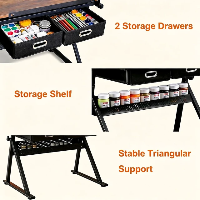Alt view image 4 of 7 - Height Adjustable Drafting Table, 0-75°Tilting Drawing Desk | Artist Table w/Stool, Multifunctional Art Craft Workstation with 2 Storage Drawers for Home Office Reading Writing Crafting