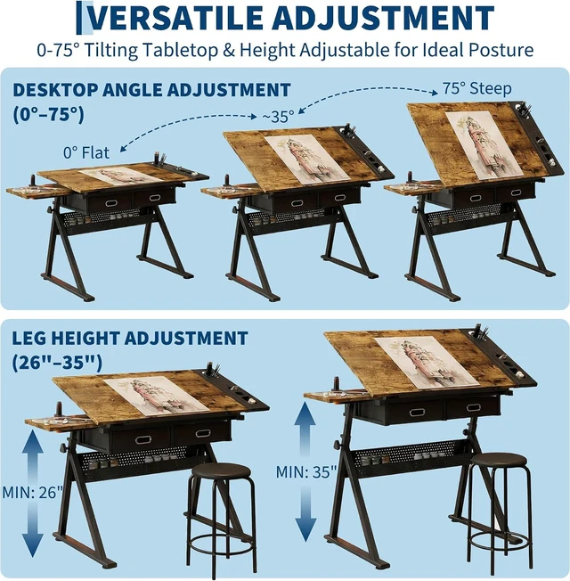 Alt view image 5 of 7 - Height Adjustable Drafting Table, 0-75°Tilting Drawing Desk | Artist Table w/Stool, Multifunctional Art Craft Workstation with 2 Storage Drawers for Home Office Reading Writing Crafting
