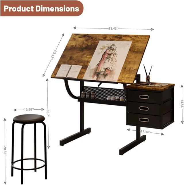 Alt view image 2 of 7 - Adjustable Drafting Table and Stool Set for Adults/Artists, Drawing Table with Brown Tilting Tabletop and 3 Storage Drawers, Art Workstation for Painters Crafting Reading Writing Home Office, Black