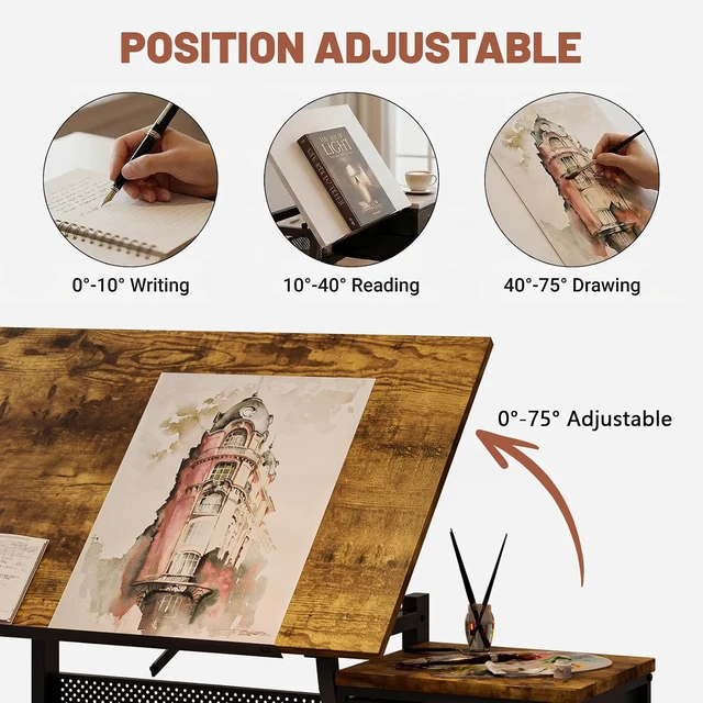 Alt view image 4 of 7 - Adjustable Drafting Table and Stool Set for Adults/Artists, Drawing Table with Brown Tilting Tabletop and 3 Storage Drawers, Art Workstation for Painters Crafting Reading Writing Home Office, Black