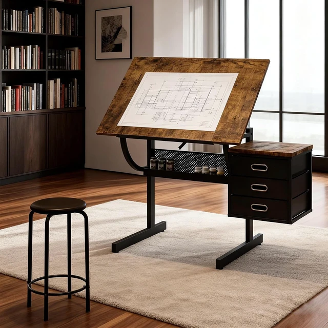 Alt view image 3 of 7 - Adjustable Drafting Table and Stool Set for Adults/Artists, Drawing Table with Brown Tilting Tabletop and 3 Storage Drawers, Art Workstation for Painters Crafting Reading Writing Home Office, Black