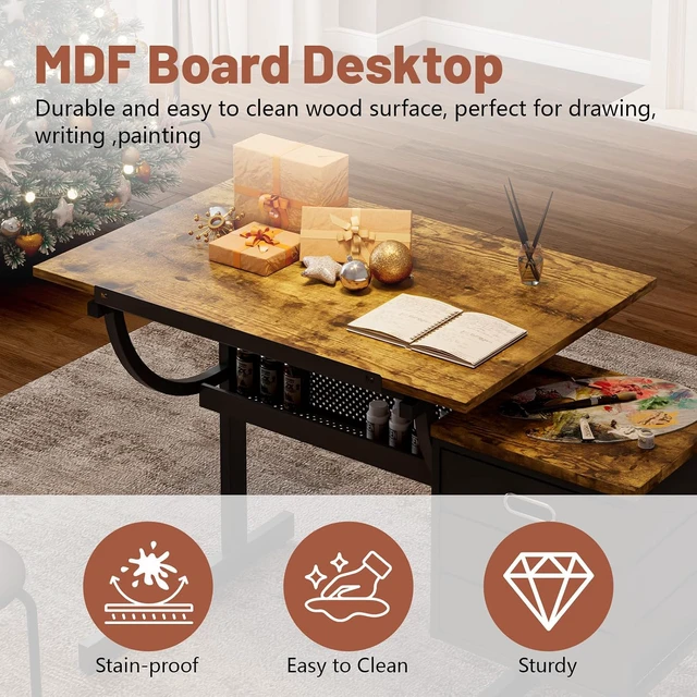 Alt view image 5 of 7 - Adjustable Drafting Table and Stool Set for Adults/Artists, Drawing Table with Brown Tilting Tabletop and 3 Storage Drawers, Art Workstation for Painters Crafting Reading Writing Home Office, Black