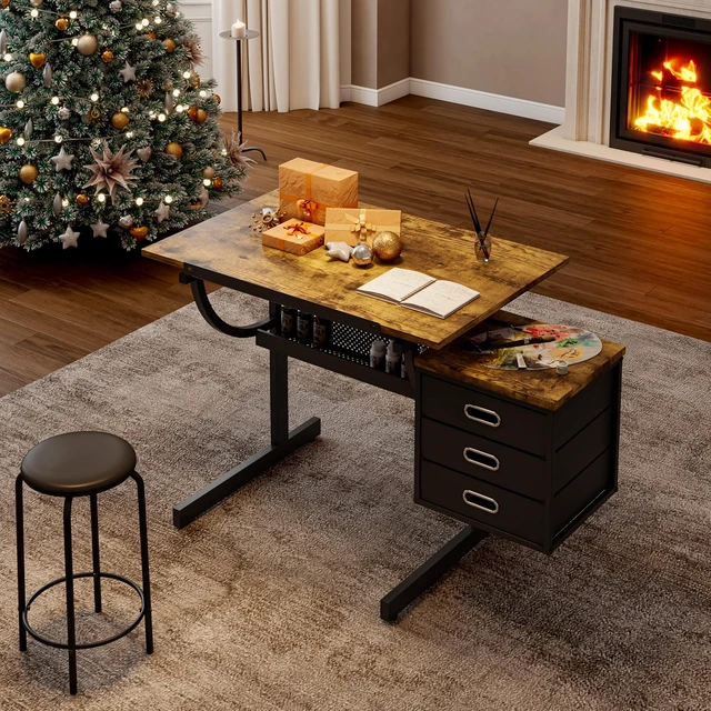 Alt view image 6 of 7 - Adjustable Drafting Table and Stool Set for Adults/Artists, Drawing Table with Brown Tilting Tabletop and 3 Storage Drawers, Art Workstation for Painters Crafting Reading Writing Home Office, Black