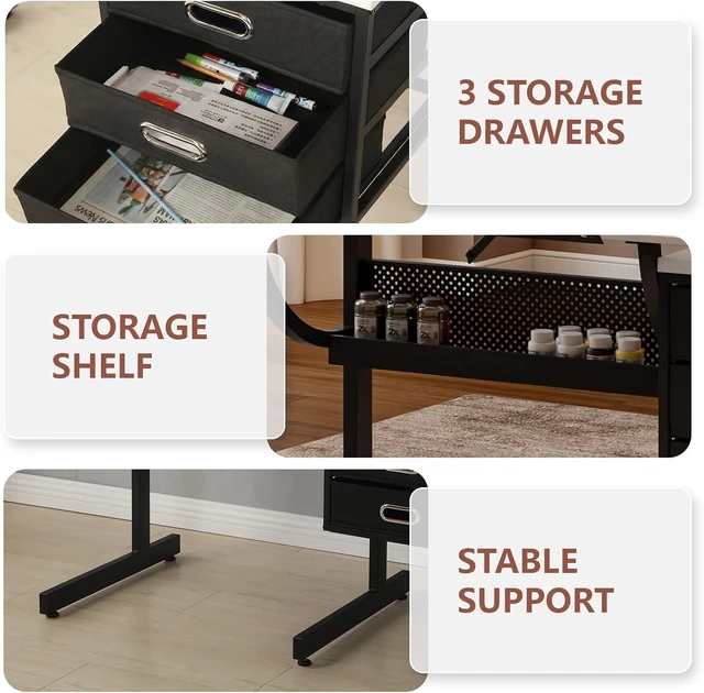 Alt view image 7 of 7 - Adjustable Drafting Table and Stool Set for Adults/Artists, Drawing Table with Brown Tilting Tabletop and 3 Storage Drawers, Art Workstation for Painters Crafting Reading Writing Home Office, Black