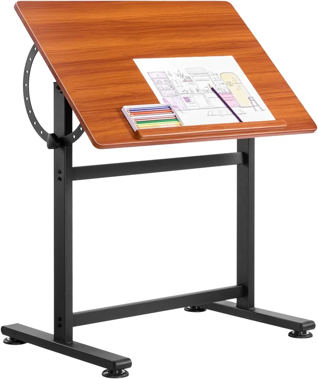 Main image of Drafting Table, Adjustable 0°90° Tilt Drawing Desk, Portable Artist Table with Black H-Frame and Brown Desktop, Wooden Painting Desk Craft Workstation for Reading, Writing, Crafting, Meeting