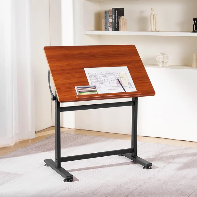 Alt view image 2 of 7 - Drafting Table, Adjustable 0°90° Tilt Drawing Desk, Portable Artist Table with Black H-Frame and Brown Desktop, Wooden Painting Desk Craft Workstation for Reading, Writing, Crafting, Meeting