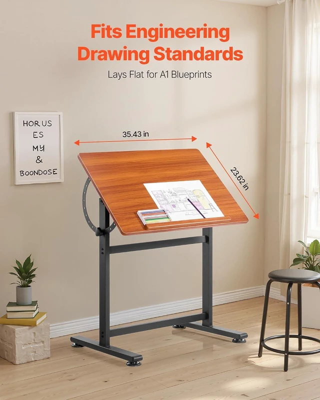Alt view image 3 of 7 - Drafting Table, Adjustable 0°90° Tilt Drawing Desk, Portable Artist Table with Black H-Frame and Brown Desktop, Wooden Painting Desk Craft Workstation for Reading, Writing, Crafting, Meeting