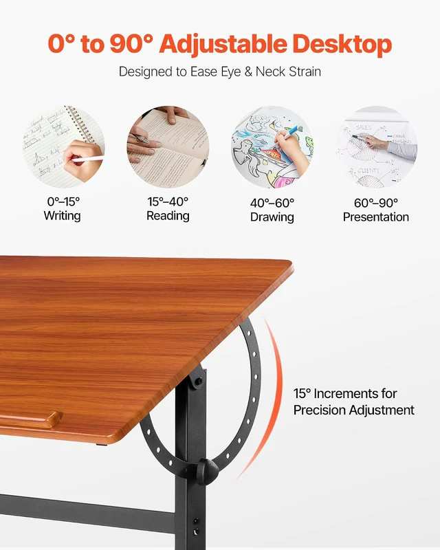 Alt view image 4 of 7 - Drafting Table, Adjustable 0°90° Tilt Drawing Desk, Portable Artist Table with Black H-Frame and Brown Desktop, Wooden Painting Desk Craft Workstation for Reading, Writing, Crafting, Meeting