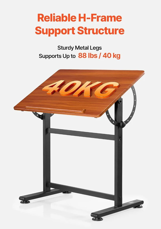 Alt view image 6 of 7 - Drafting Table, Adjustable 0°90° Tilt Drawing Desk, Portable Artist Table with Black H-Frame and Brown Desktop, Wooden Painting Desk Craft Workstation for Reading, Writing, Crafting, Meeting