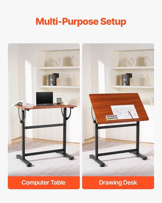 Alt view image 7 of 7 - Drafting Table, Adjustable 0°90° Tilt Drawing Desk, Portable Artist Table with Black H-Frame and Brown Desktop, Wooden Painting Desk Craft Workstation for Reading, Writing, Crafting, Meeting
