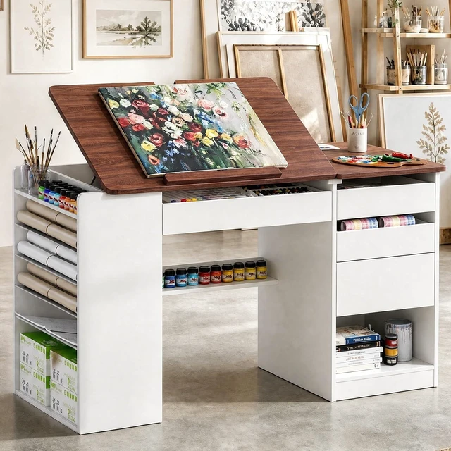 Main image of Adjustable Drafting Table with Storage & Removable Shelves | 0°-80° Tiltable Drawing Board, 4 Tilted & Removable Side Shelves, Built-in Charging Station, for Drawing, Crafting, Working