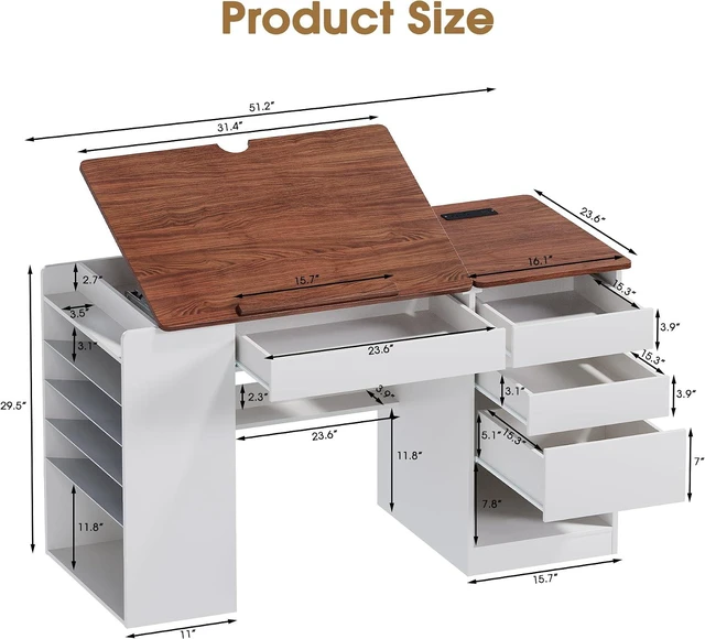 Alt view image 2 of 7 - Adjustable Drafting Table with Storage & Removable Shelves | 0°-80° Tiltable Drawing Board, 4 Tilted & Removable Side Shelves, Built-in Charging Station, for Drawing, Crafting, Working