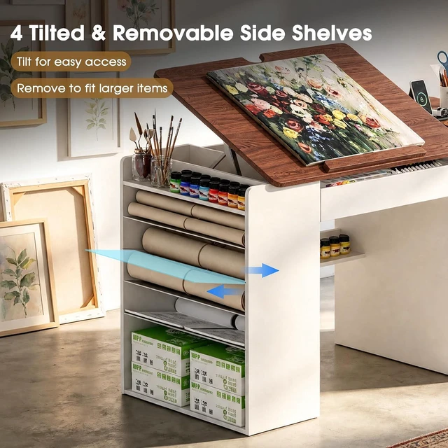 Alt view image 4 of 7 - Adjustable Drafting Table with Storage & Removable Shelves | 0°-80° Tiltable Drawing Board, 4 Tilted & Removable Side Shelves, Built-in Charging Station, for Drawing, Crafting, Working